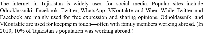 The internet in Tajikistan is widely used for social media. Popular sites include Odnoklassniki, Facebook, Twitter, WhatsApp, VKontakte and Viber. While Twitter and Facebook are mainly used for free expression and sharing opinions, Odnoklassniki and VKontakte are used for keeping in touch—often with family members working abroad. (In 2010, 10% of Tajikistan’s population was working abroad.)